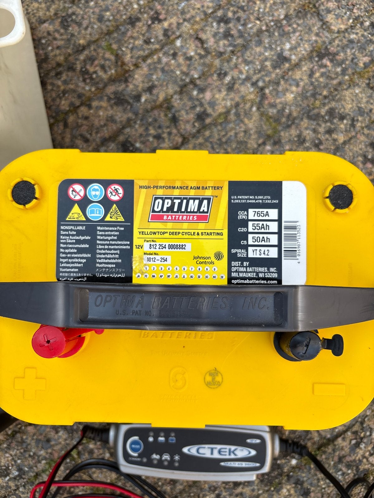 Optima Yellowtop Accu met Ctek Lader en Accubak, Auto-onderdelen, Accu's en Toebehoren, Ophalen, Gebruikt, Universele onderdelen