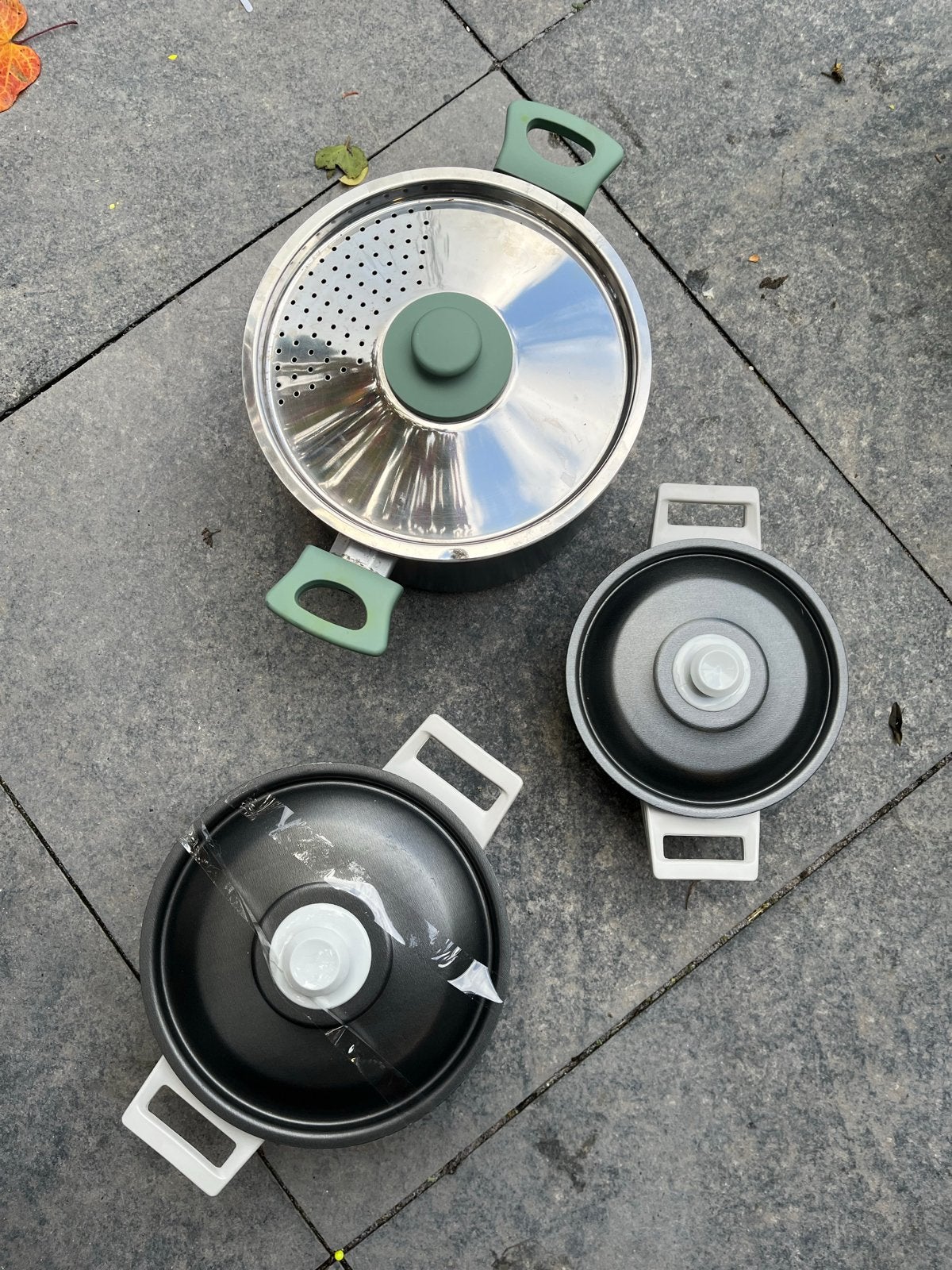 Pannenset - 3 pannen met deksels voor gas, Met deksel, Pannenset, Ophalen of Verzenden, Zo goed als nieuw
