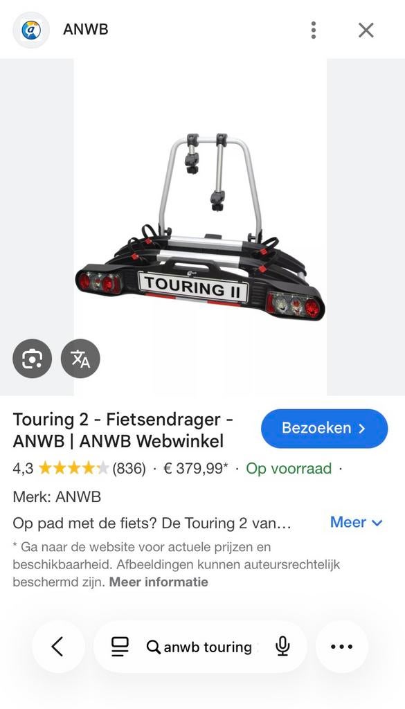 Anwb Touring 2 fietsendrager NIEUW IN DOOS, Ophalen, Nieuw, 2 fietsen, Trekhaakdrager