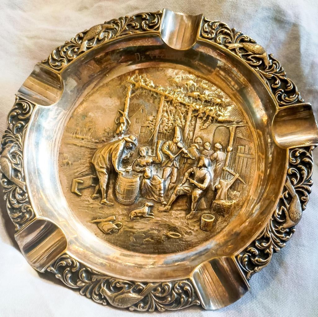 Verzilverde asbak De Vezelpers Zeist - middeleeuws tafereel, Antiek en Kunst, Ophalen of Verzenden