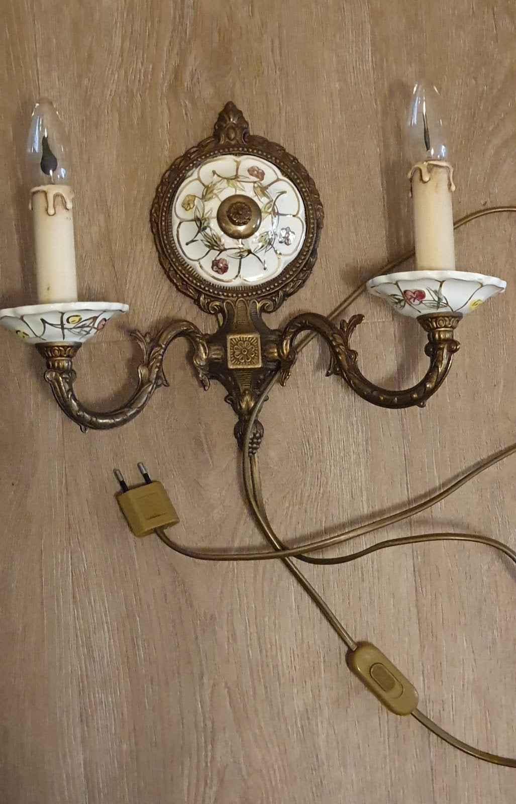 Vintage Franse wandlamp messing porselein jaren '40, Ophalen of Verzenden