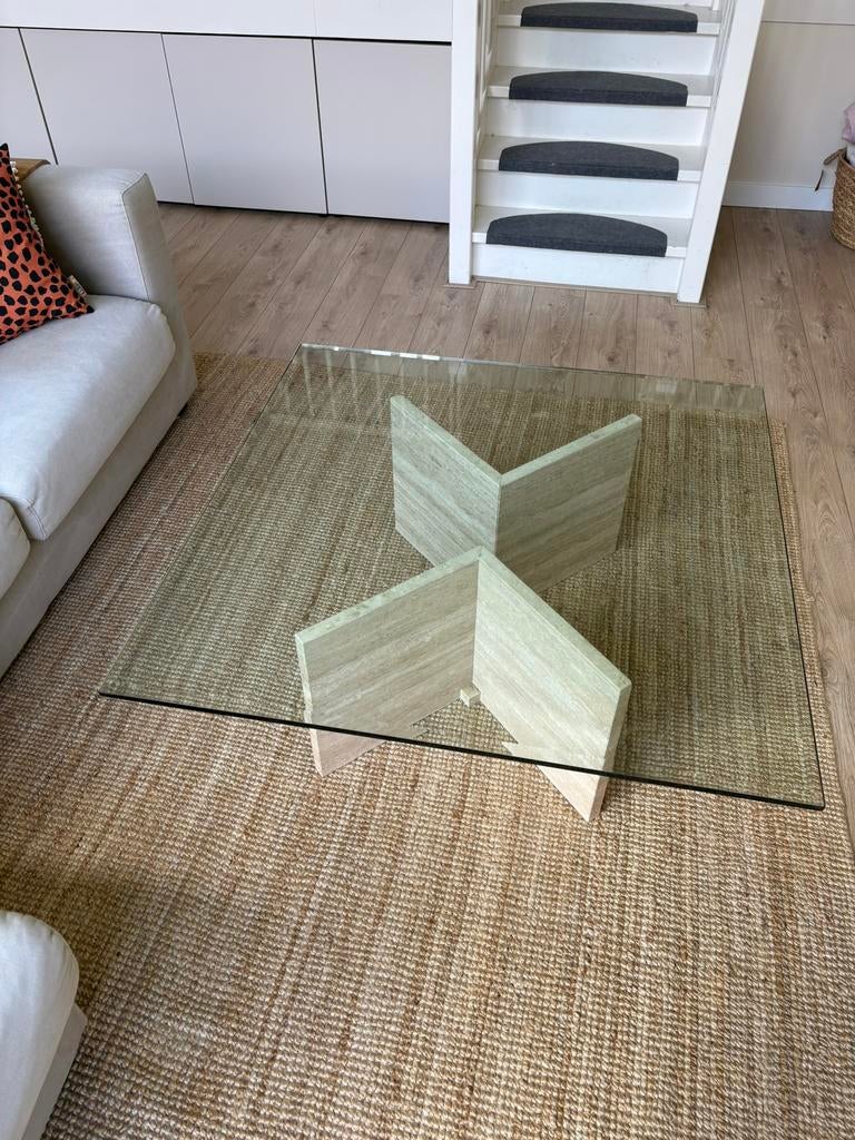 Glazen tafel met travertin poten, Zo goed als nieuw, Minder dan 50 cm, Rechthoekig, 50 tot 100 cm