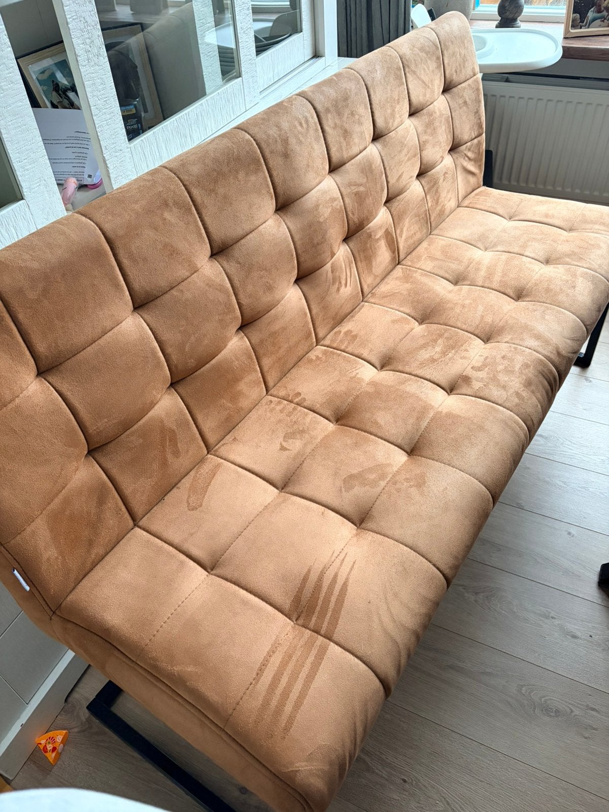 Velours cognac eetkamer bank, Huis en Inrichting, Ophalen, Zo goed als nieuw, Tweepersoons, 180 cm