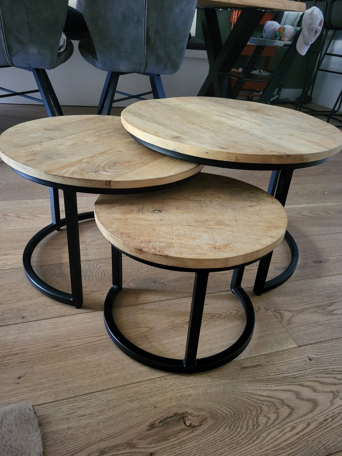 Mangohouten ronde tafel set industrieel, 50 tot 100 cm, Rond, Zo goed als nieuw, Minder dan 50 cm