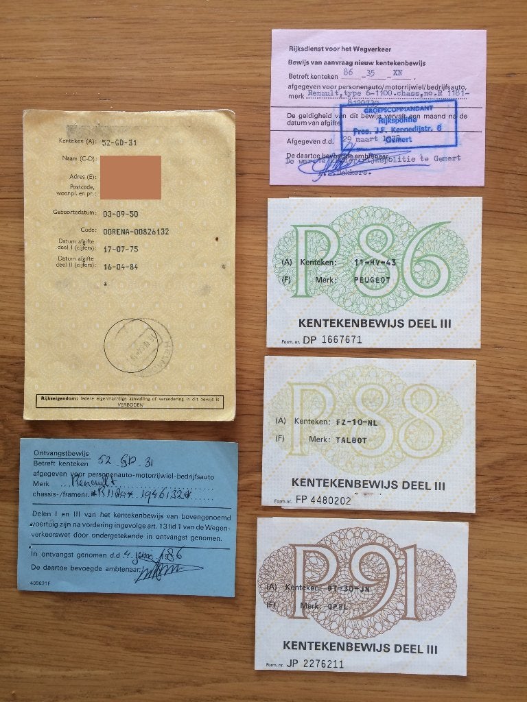 RUILEN: diverse oud kentekenbewijs deel 3 voor verzamelaar, Ophalen of Verzenden, Gebruikt, Auto's