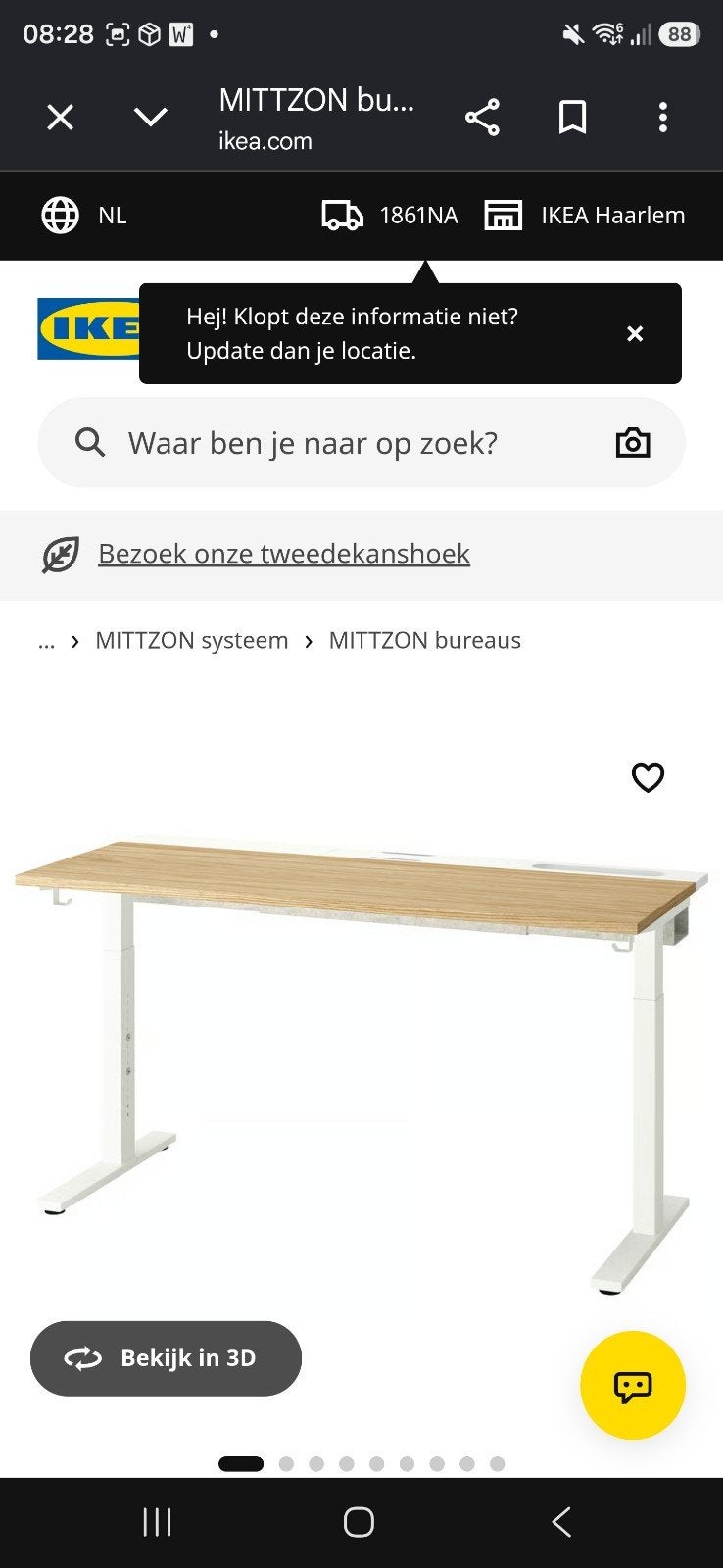 IKEA Zit bureau, eikenfineer/wit, 140x60 cm, Huis en Inrichting, Ophalen, Overige typen, Hout, In hoogte verstelbaar