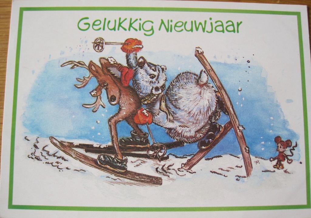 Gelukkig Nieuwjaar - eland en ijsbeer op ski's, Verzenden, 1980 tot heden, Gelopen, Overige thema's