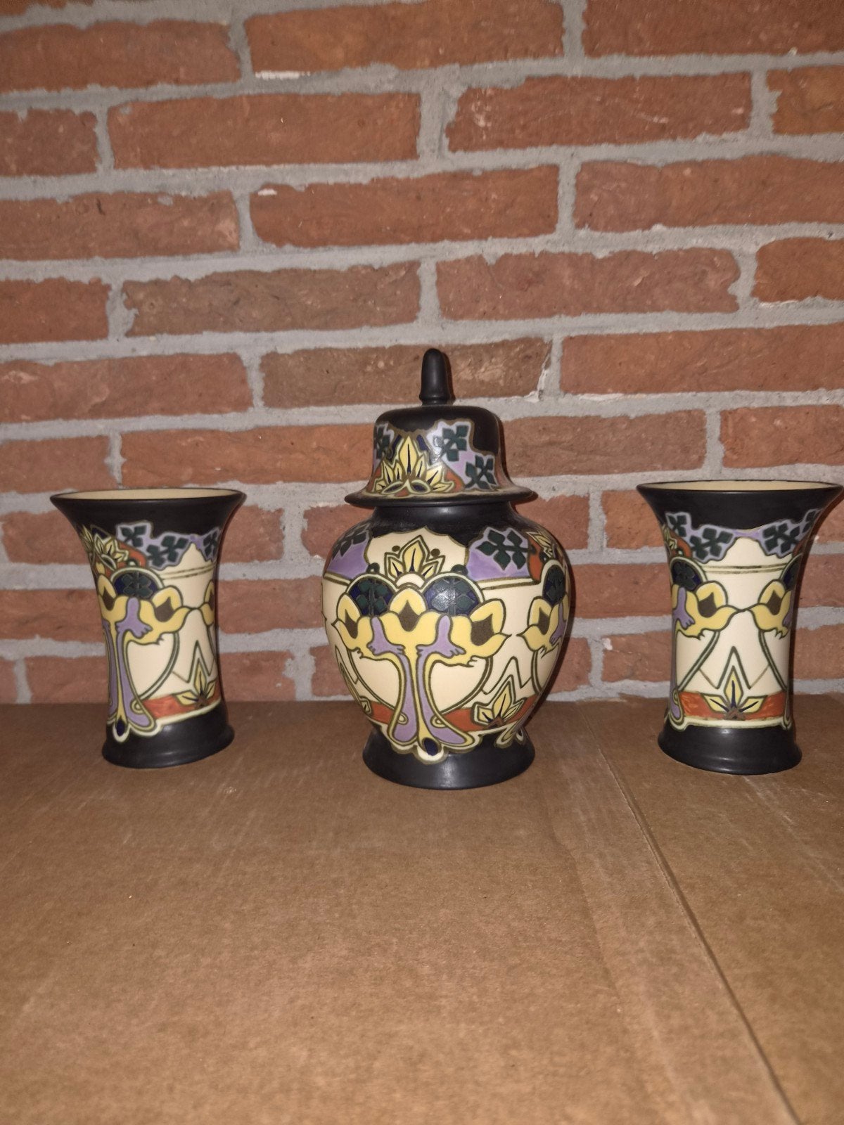 Royal Goedewaagen Gouds Plateel Iris vazen set, Antiek en Kunst, Antiek | Vazen, Ophalen of Verzenden