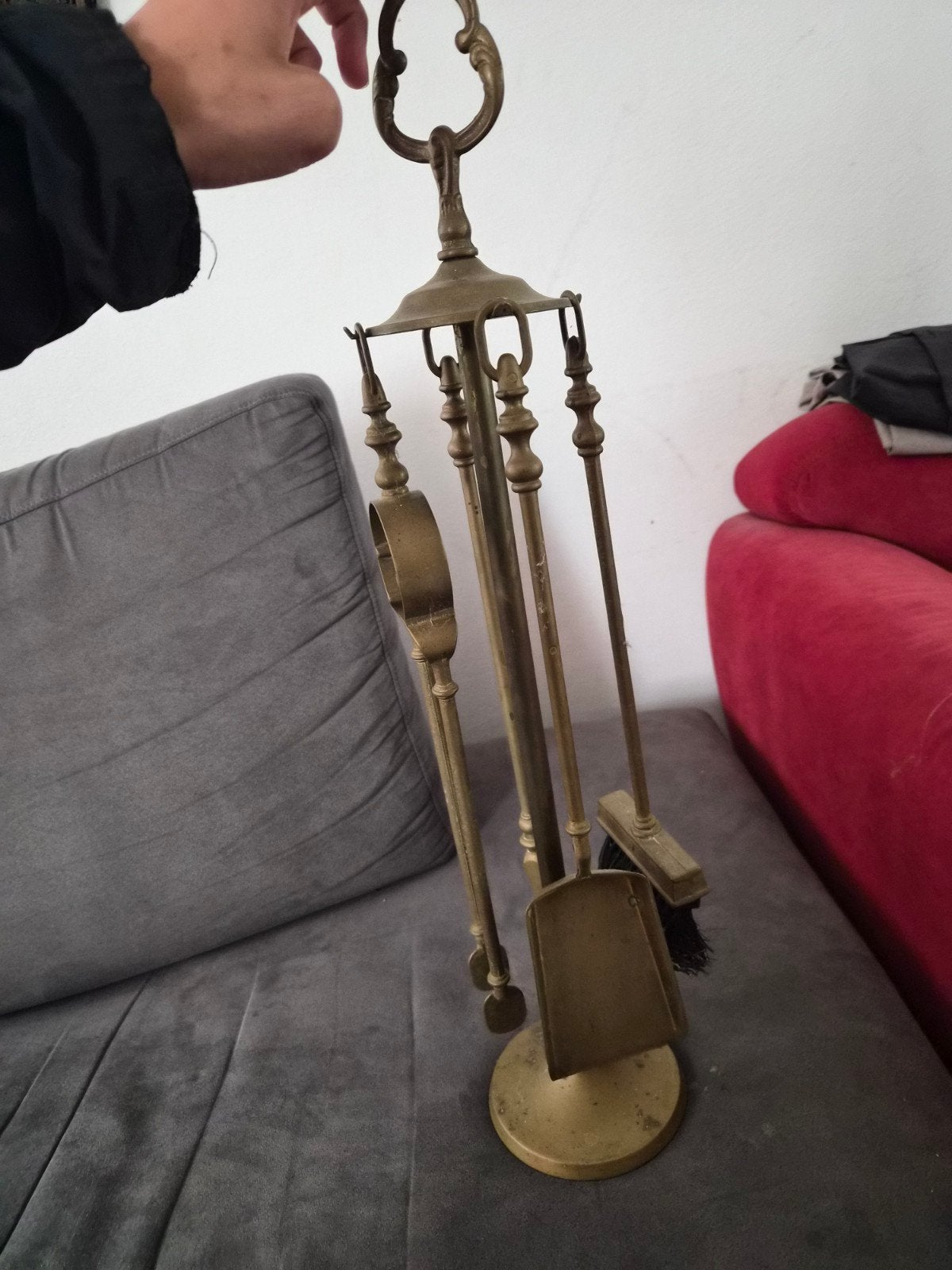 Antieke messing haardstel met standaard, Antiek en Kunst, Ophalen of Verzenden
