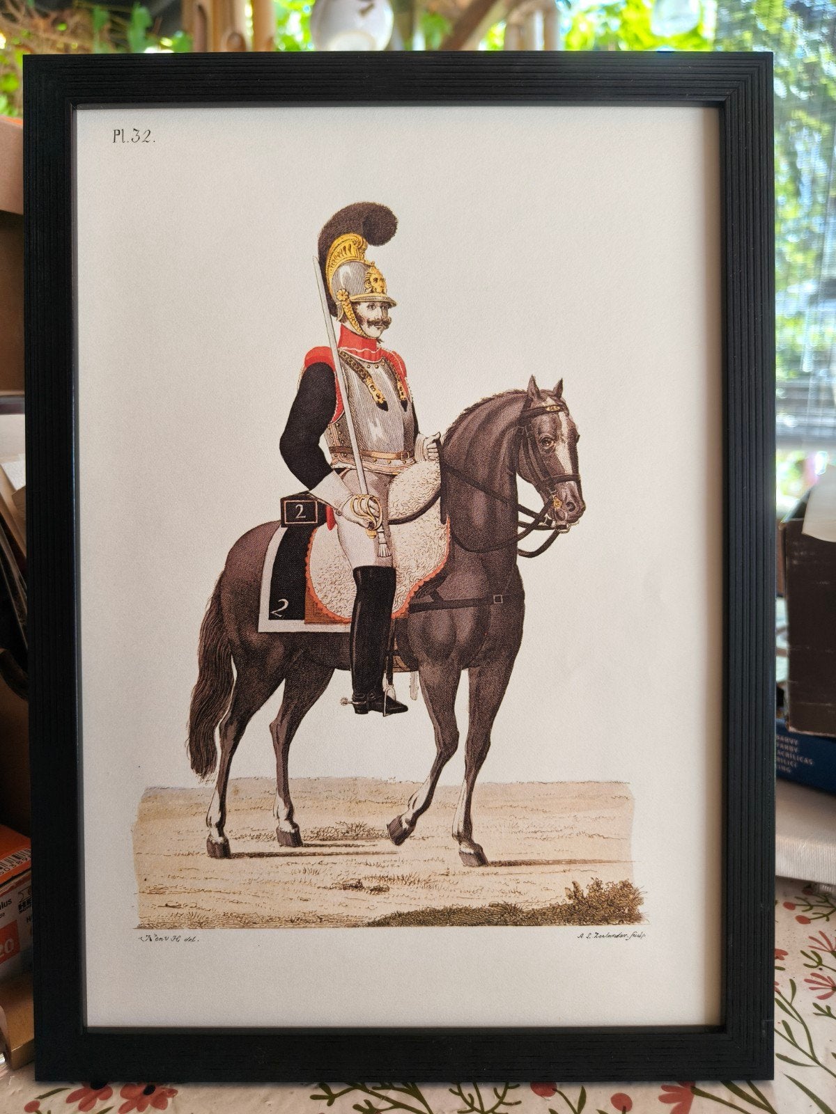 Antieke handgekleurde gravure van een militair te paard, Ophalen of Verzenden, Landmacht, Nederland