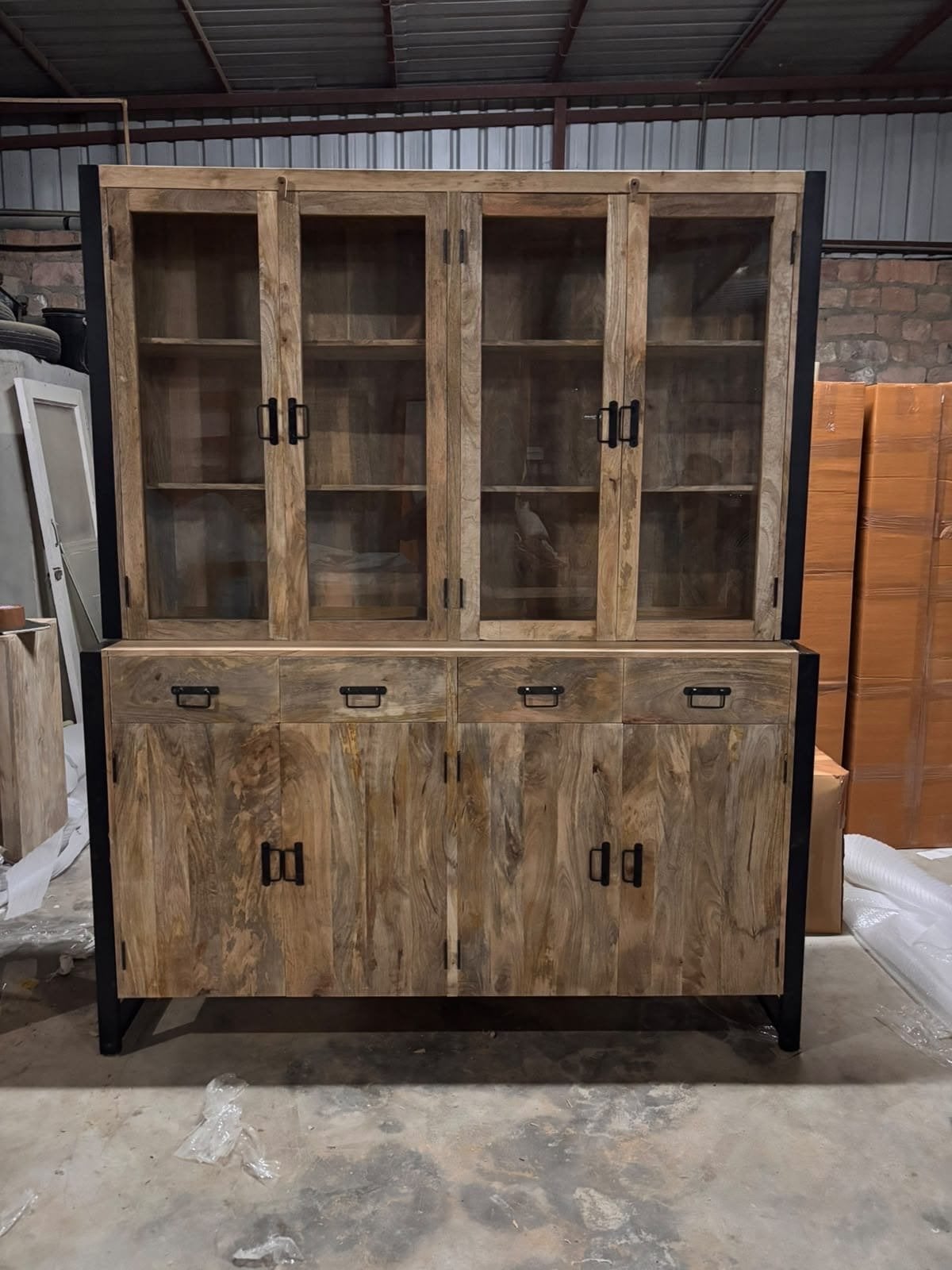 Vitrinekast mangohout 180x220x45 of 200x220x45, Huis en Inrichting, Ophalen, 200 cm of meer, 150 tot 200 cm, Nieuw