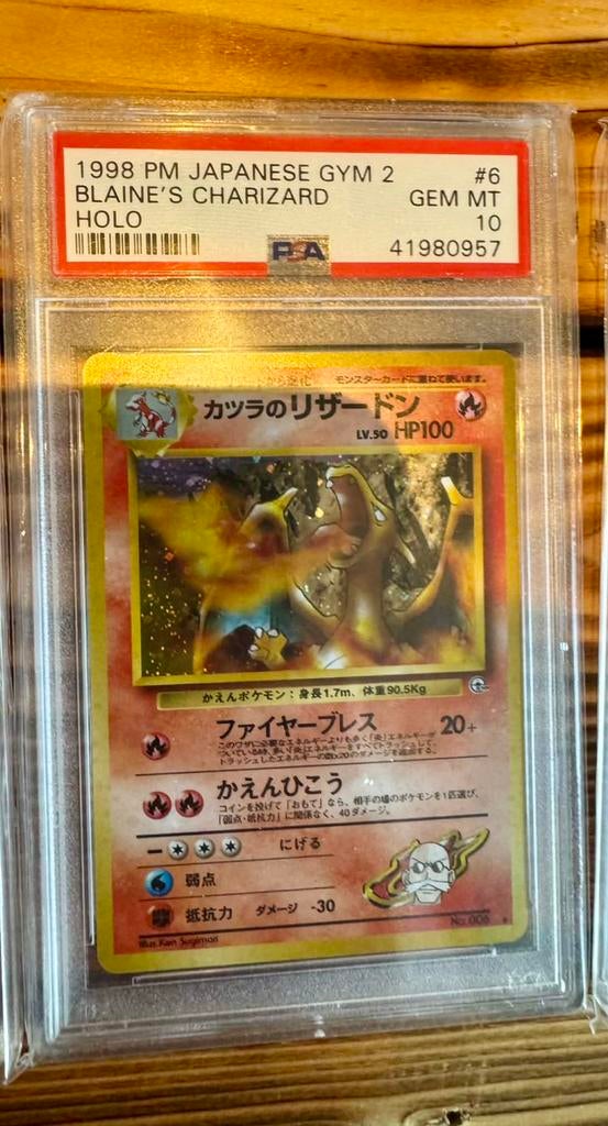 PSA 10 Gem Mint 1998 Japanese Gym 2 Blaine's Charizard Holo, Hobby en Vrije tijd, Verzamelkaartspellen | Pokémon, Zo goed als nieuw