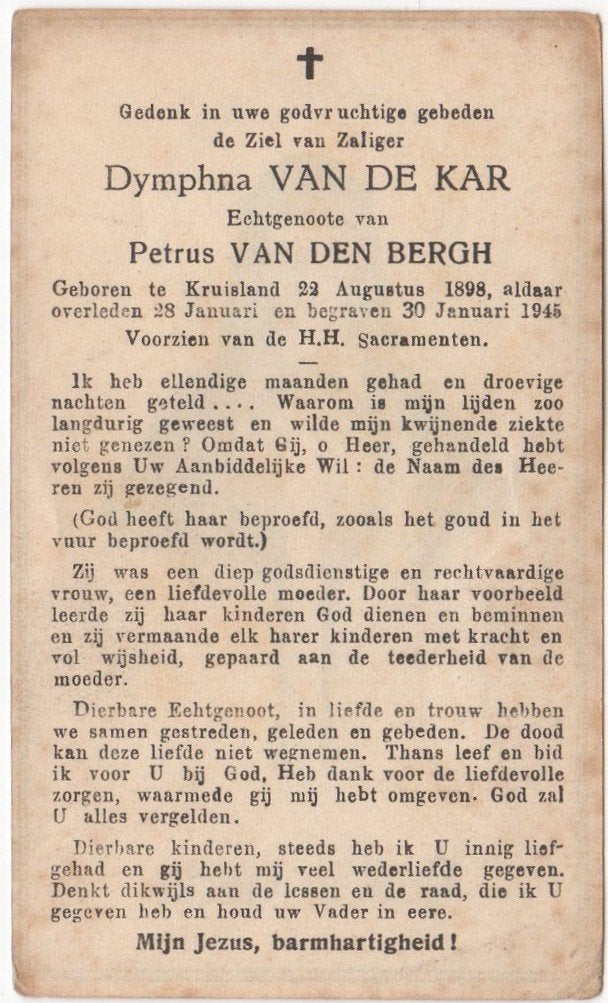 Dymphna van de Kar 1898 Kruisland + 1945 Kruisland, 46 jaar, Verzamelen, Bidprentjes en Rouwkaarten, Verzenden
