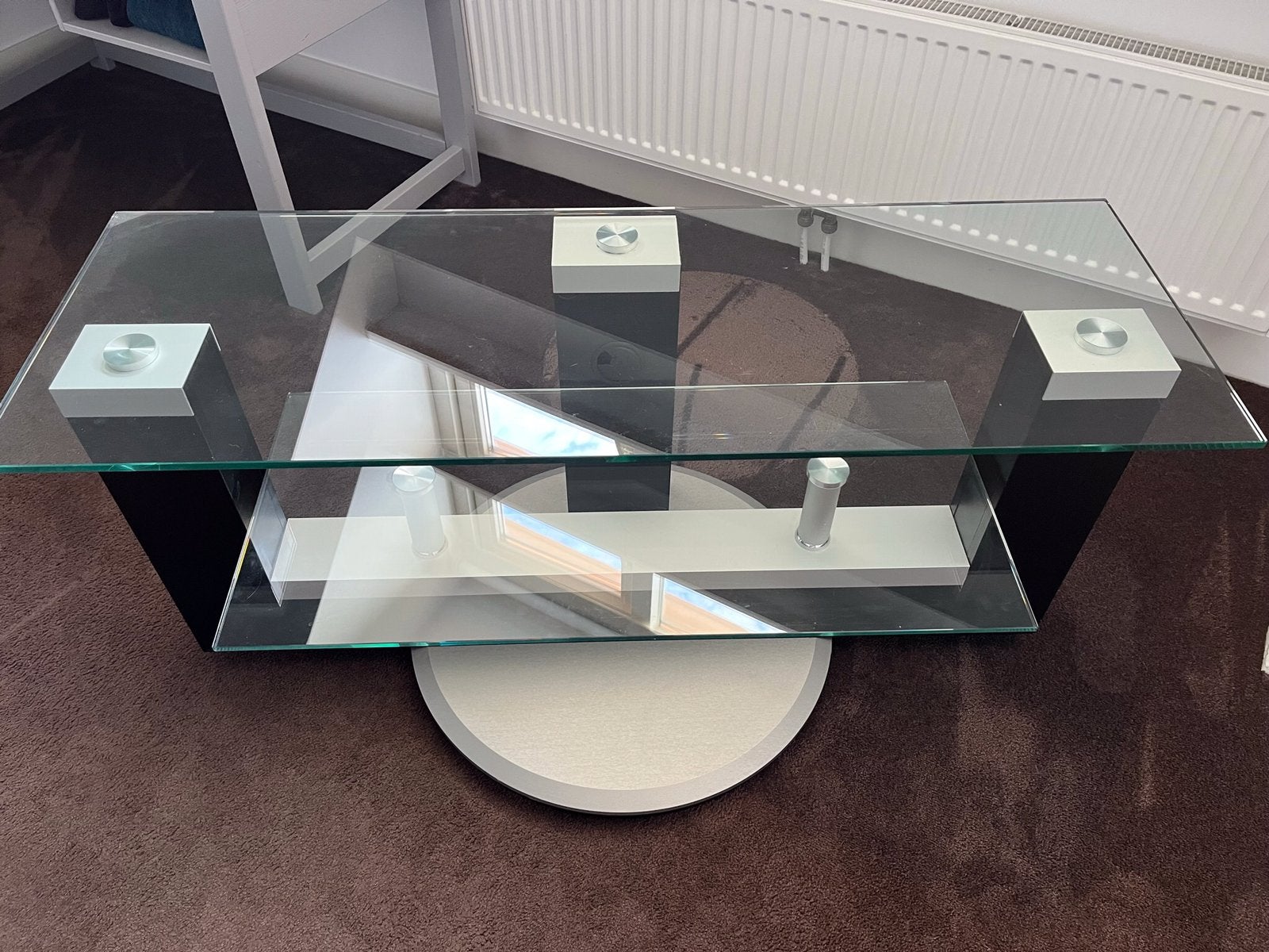 Glazen tv meubel op draai plateau, Ophalen, 100 tot 150 cm, 50 tot 100 cm, 25 tot 50 cm