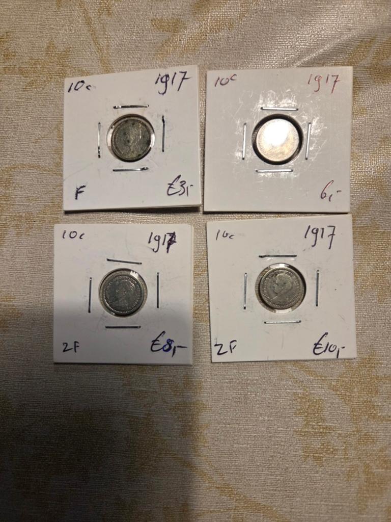 4x 10 cent munten uit 1917 Koningin Wilhelmina, Postzegels en Munten, Munten | Nederland, Setje, Zilver, Koningin Wilhelmina, Overige waardes