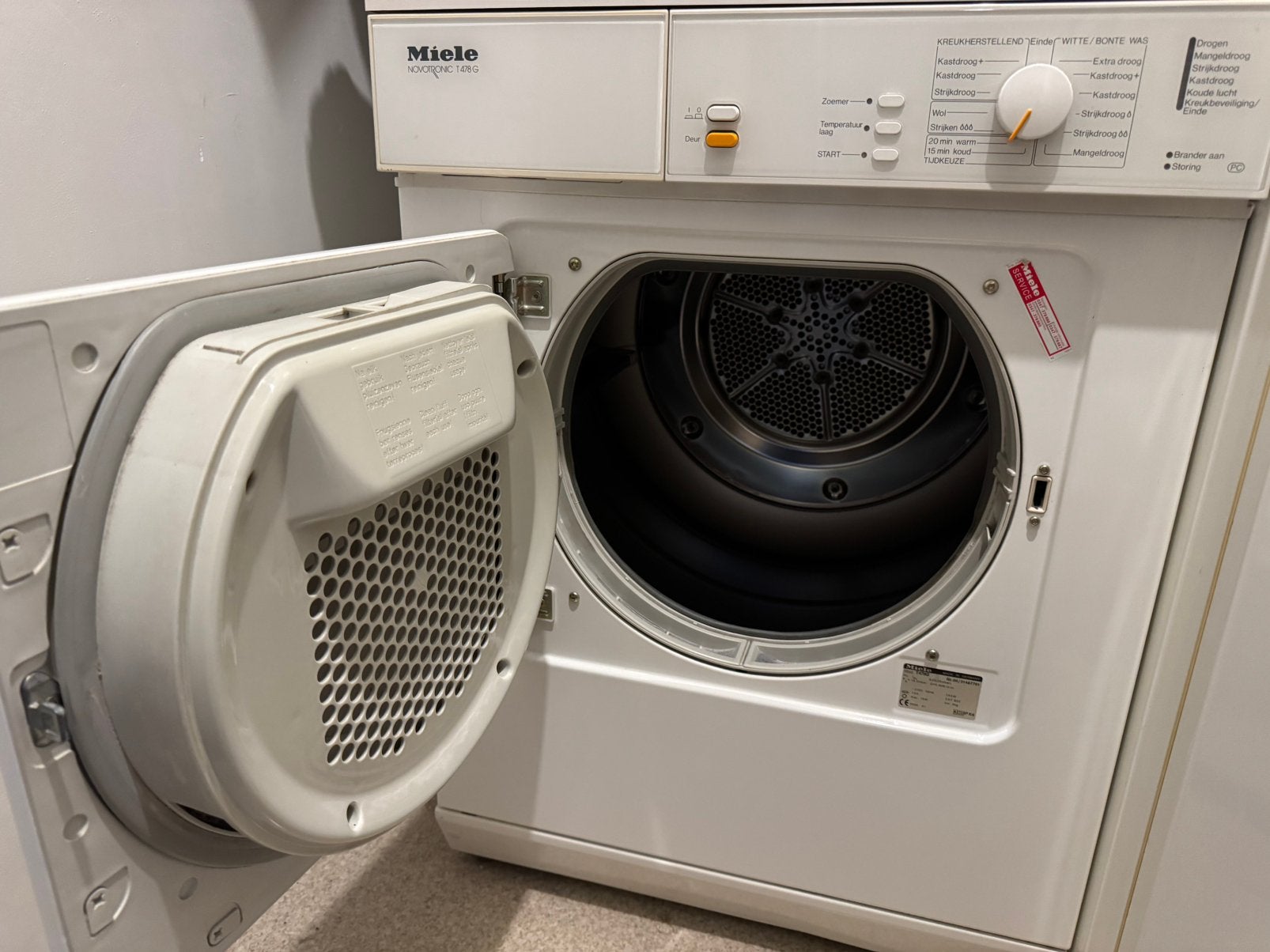 Miele wasdroger Novotronic op gas, Witgoed en Apparatuur, Ophalen, Luchtafvoer, Zo goed als nieuw, Voorlader