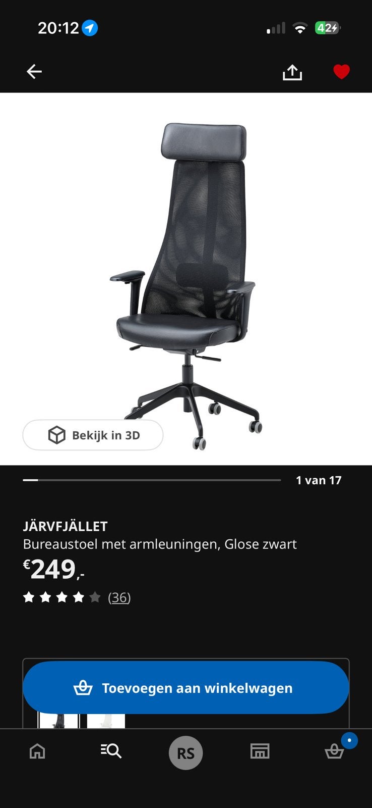 Ikea jarvfjallet Bureaustoel met Hoofdsteun, Ophalen, Gebruikt, Zwart, Bureaustoel