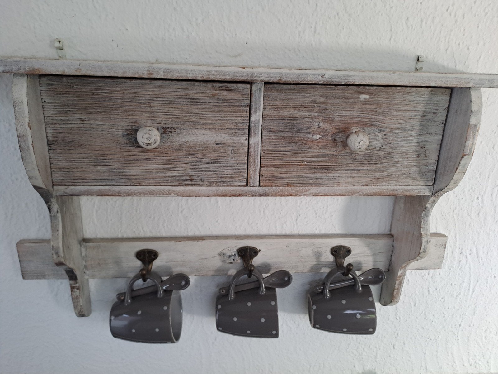 Vintage houten wandrek met lades en haken, Huis en Inrichting, Ophalen, Gebruikt, Wit, Vintage