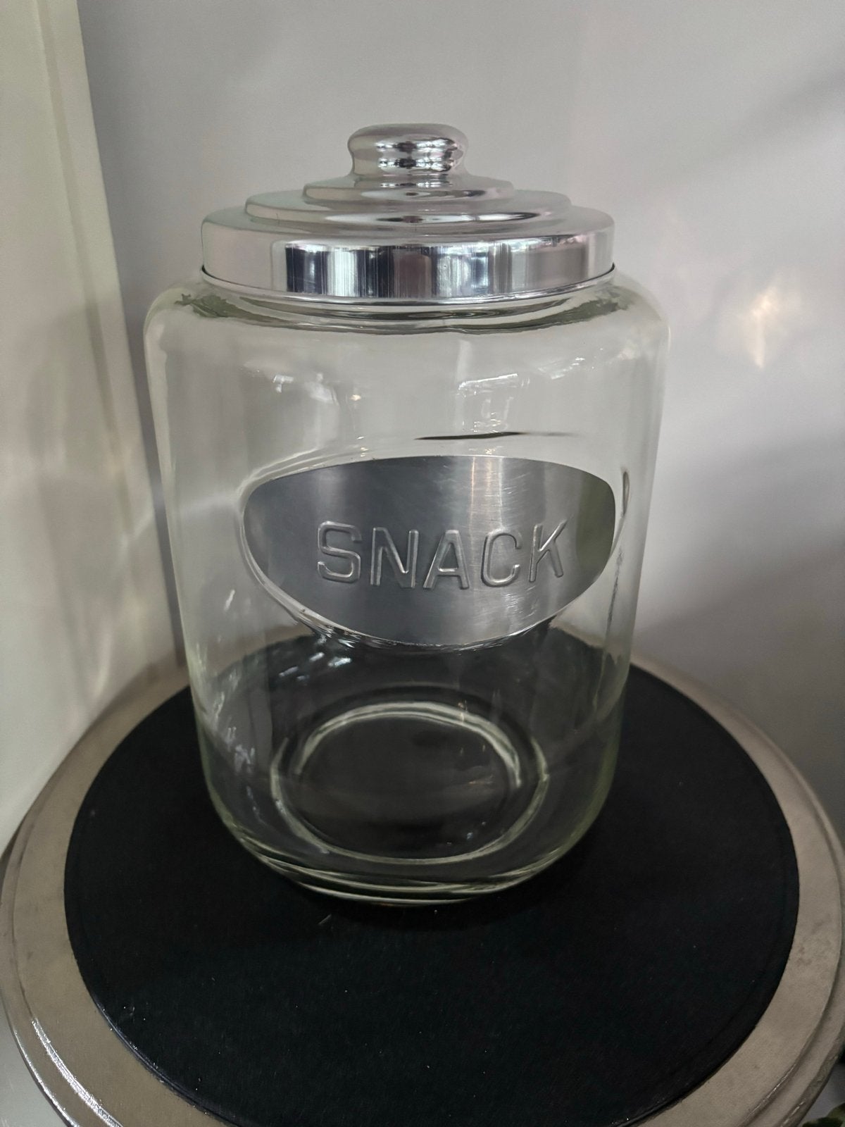 Grote glazen voorraadpot 'Snack' met zilverkleurige deksel, Glas, Zilver, Ophalen of Verzenden, Zo goed als nieuw