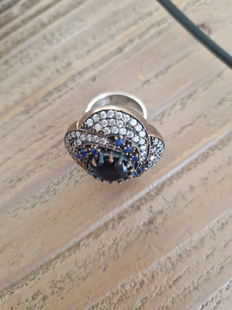Antieke, zilveren ring met saffieren. Maat 17., Sieraden, Tassen en Uiterlijk, Antieke sieraden, Ophalen of Verzenden, Zilver