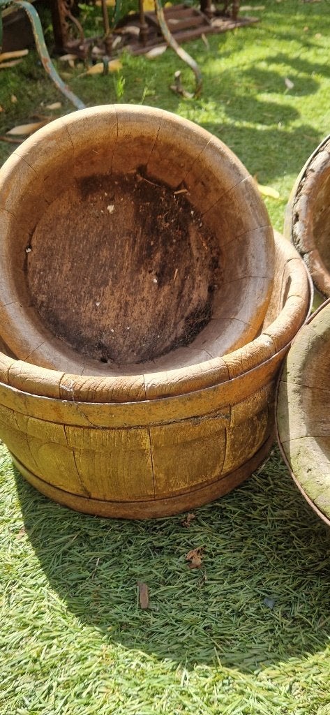 4 Ronde doorleefde houten bloembak kaasmallen (brocante), Gebruikt, Minder dan 30 cm, Minder dan 60 cm, Rond