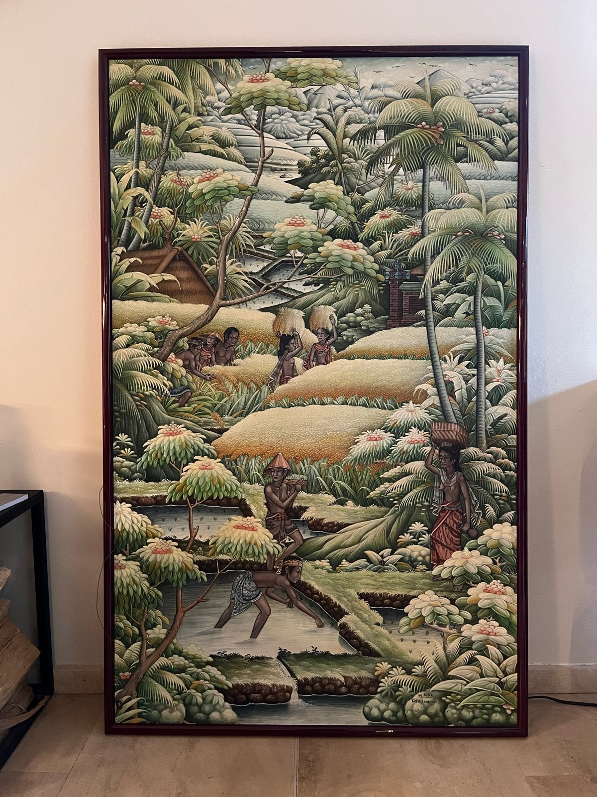 Groot Balinees schilderij van Ubud, gesigneerd, Doek, Realistisch, Ophalen of Verzenden, Gesigneerd