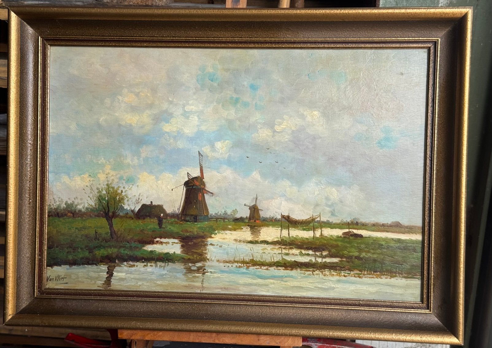 Olieverfschilderij  polderlandschap Ger.van-Vliet, Ophalen of Verzenden