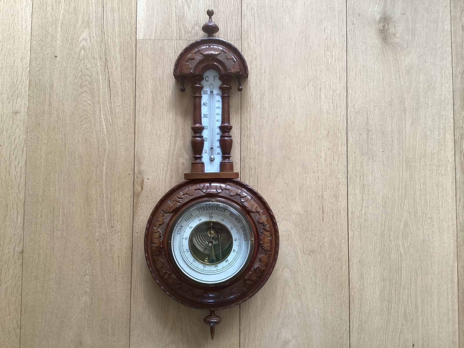 Antieke Barometer met Thermometer - Houtsnijwerk, Ophalen, Gebruikt, Barometer