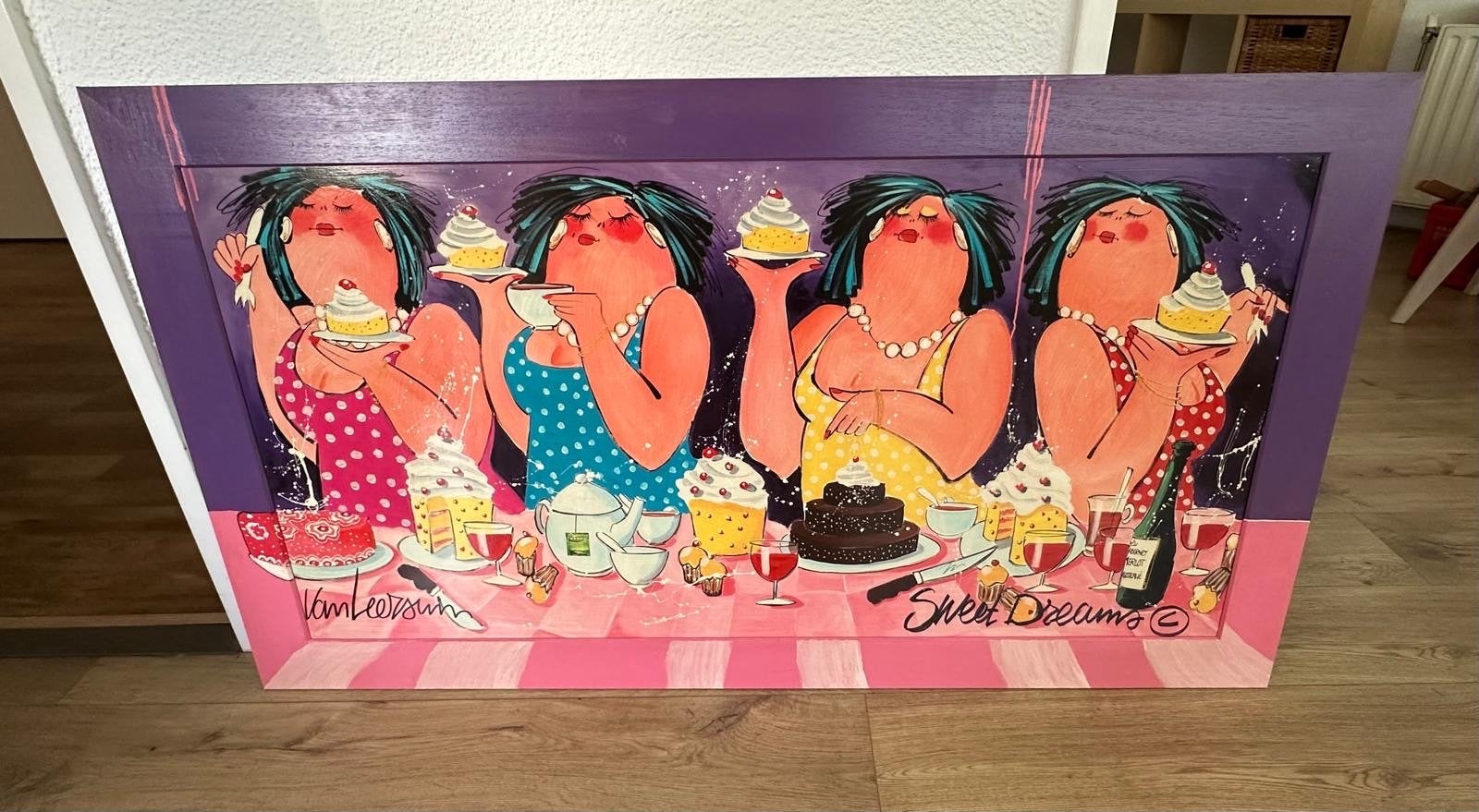 Kleurrijk schilderij 'Sweet Dreams' van Van Leersum, 133x75c, Antiek en Kunst, Ophalen, Figuren, Hout, Handgeschilderd
