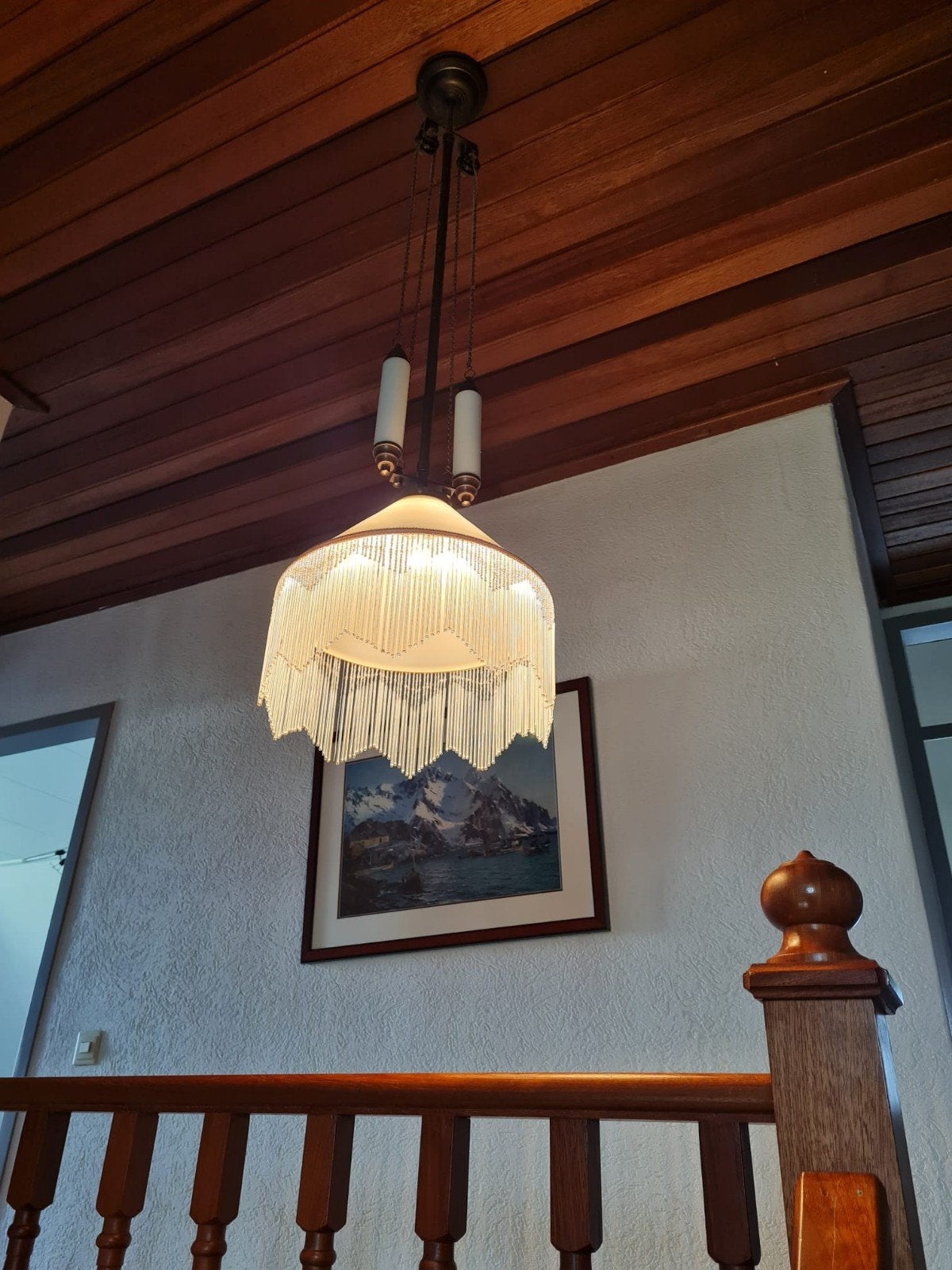 Vintage hanglamp met glazen franjes en metalen accenten, Ophalen, Gebruikt, E14 (klein), Vintage, Klassiek