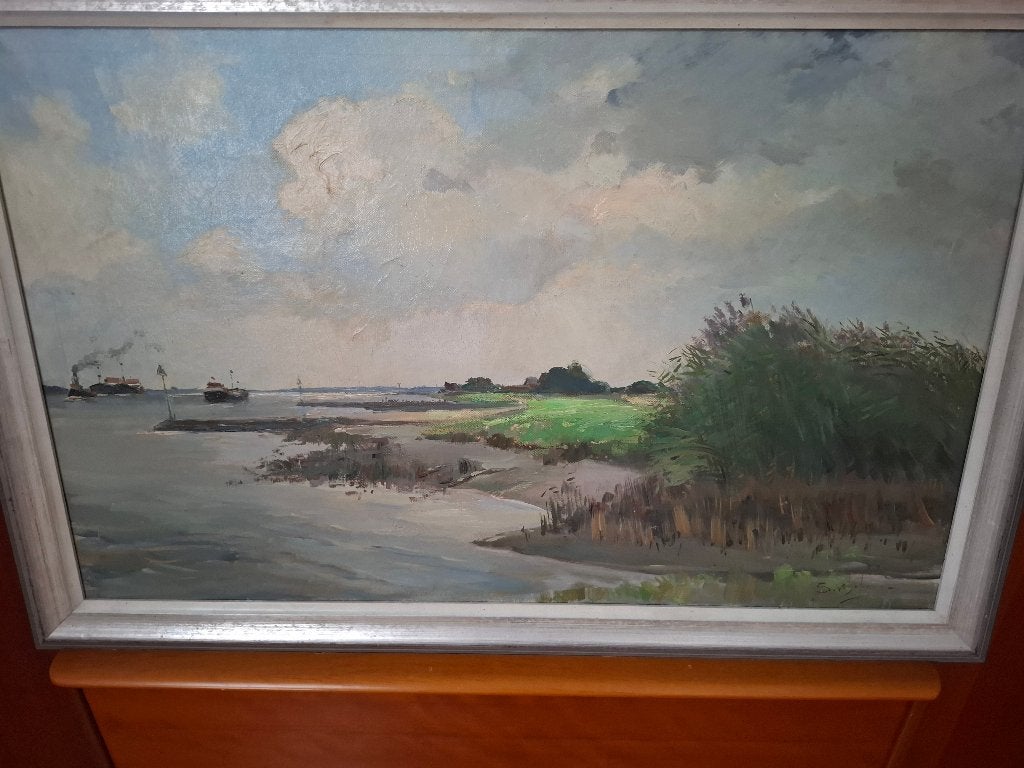 Steef Wijnhoven Dordrecht "Rivier de Merwede", Doek, Ophalen of Verzenden, Gesigneerd, Landschap