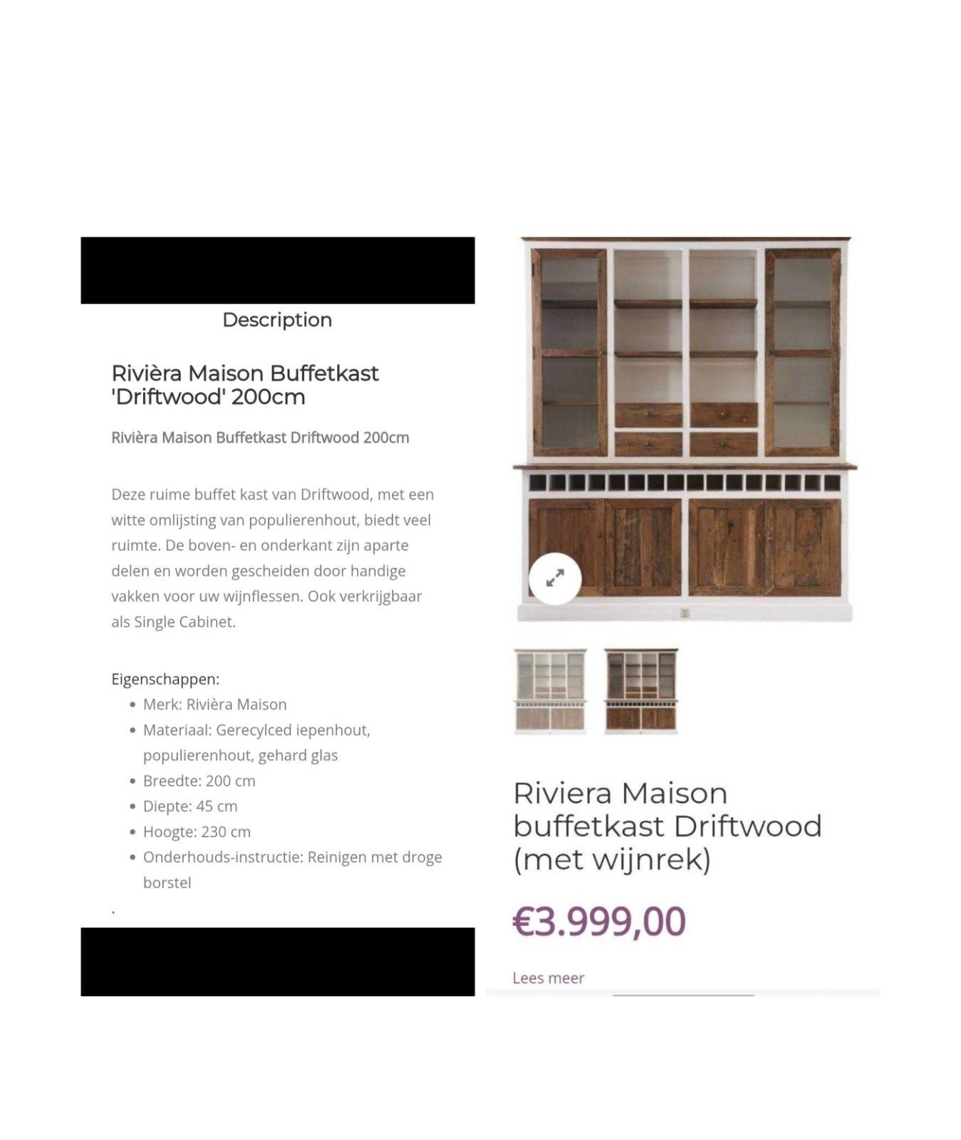 Riviera Maison buffetkast moet snel wel ivm verbouwing!!!, Ophalen of Verzenden, 25 tot 50 cm, 200 cm of meer