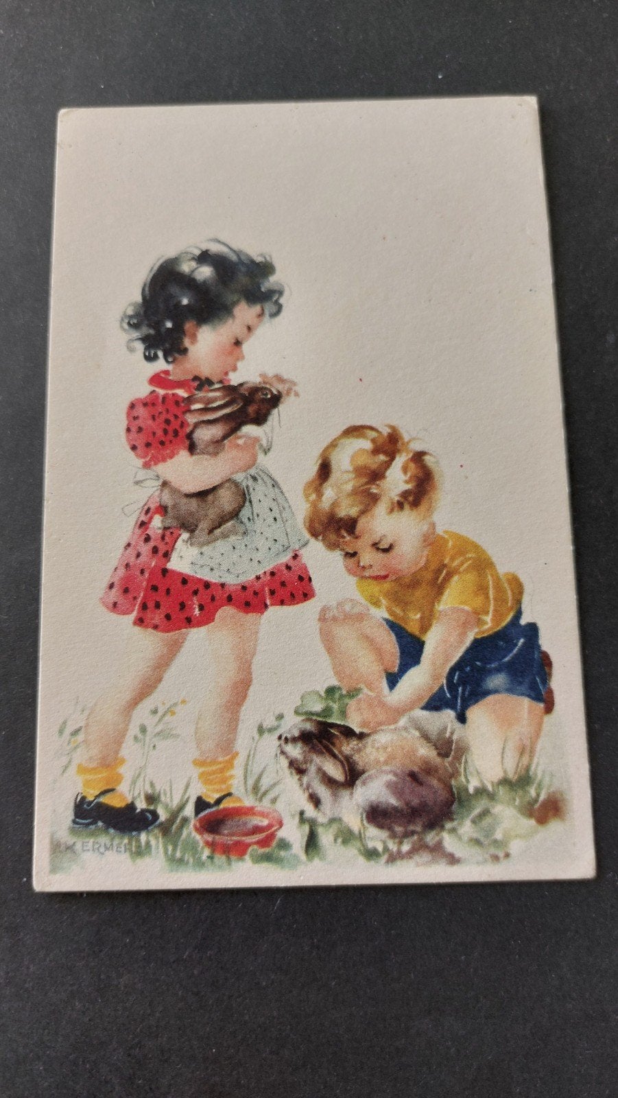 A. Kermer, kinderen met konijntjes, Verzenden, 1940 tot 1960, Gelopen, Overige thema's