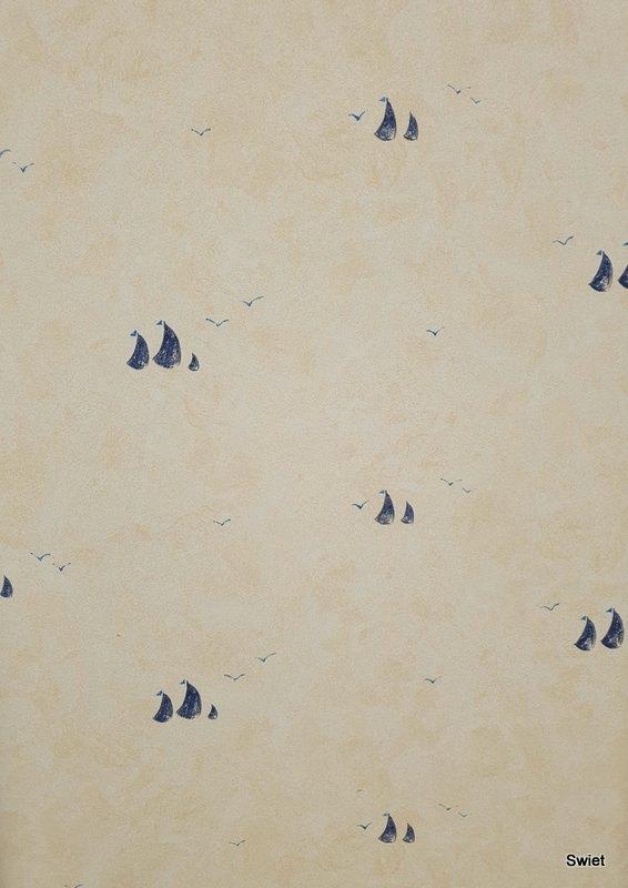 12838 Vinyl bootjes behang in zachte crème blauwe zeiltjes, Verzenden, Wit