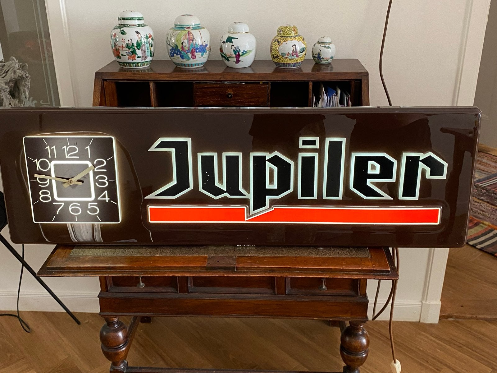 Vintage Jupiler lichtbak met klok, Verzamelen, Biermerken, Ophalen, Gebruikt, Reclamebord, Plaat of Schild, Jupiler