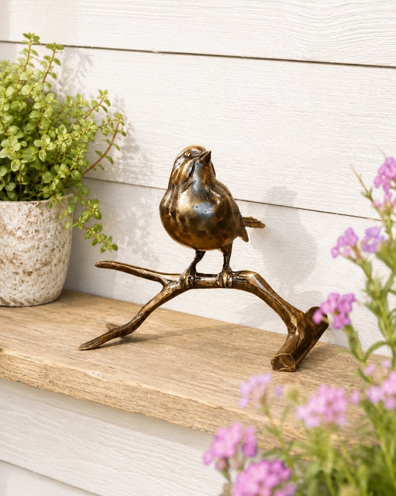 1 MUS OP TAK / Bronzen tuinbeeld / vogel