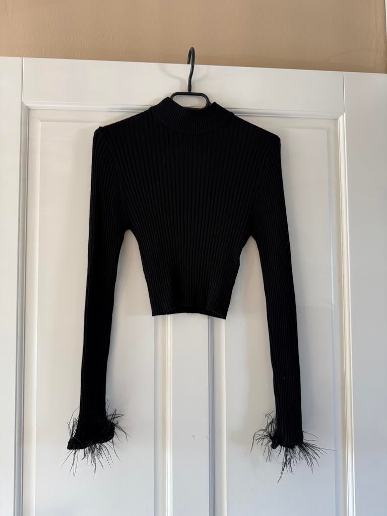 Zwarte geribbelde crop top met veren mouwen - Amisu, Kleding | Dames, Ophalen of Verzenden, Zo goed als nieuw, Maat 42/44 (L)