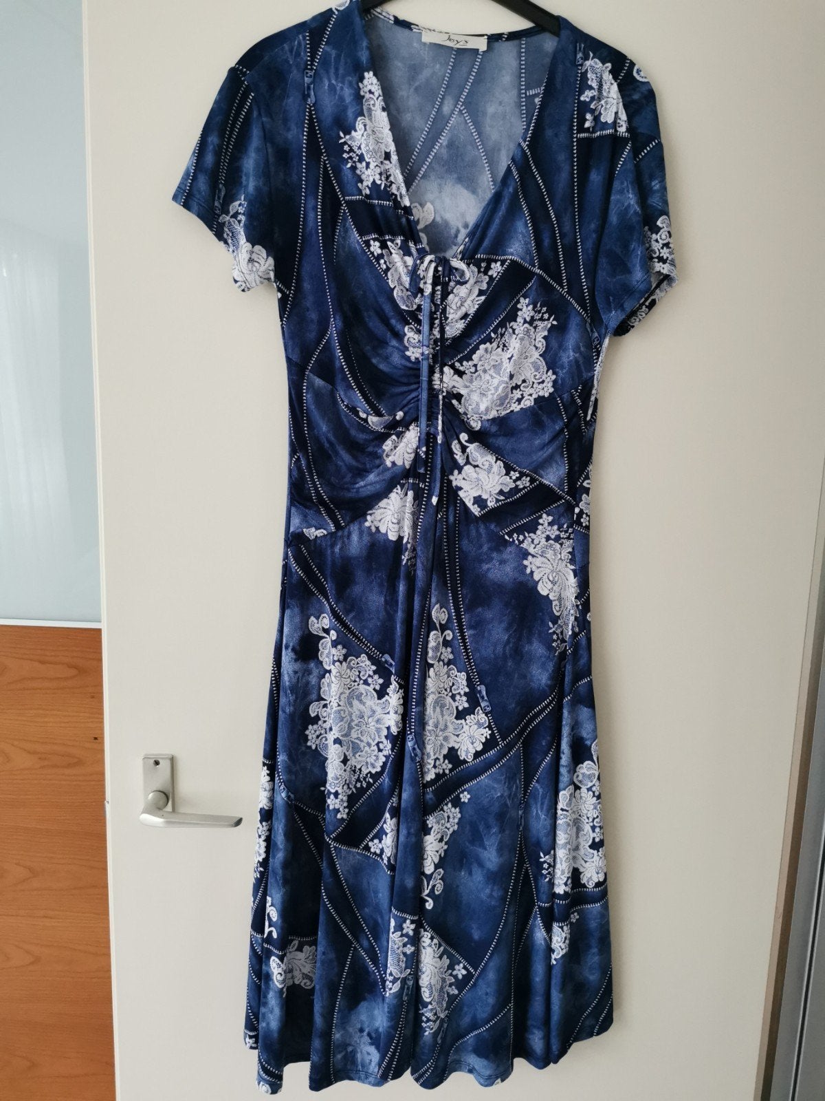 Blauwe jurk, Joy s Paris, mt M/L, Maat 38/40 (M), Blauw, Zo goed als nieuw, Onder de knie
