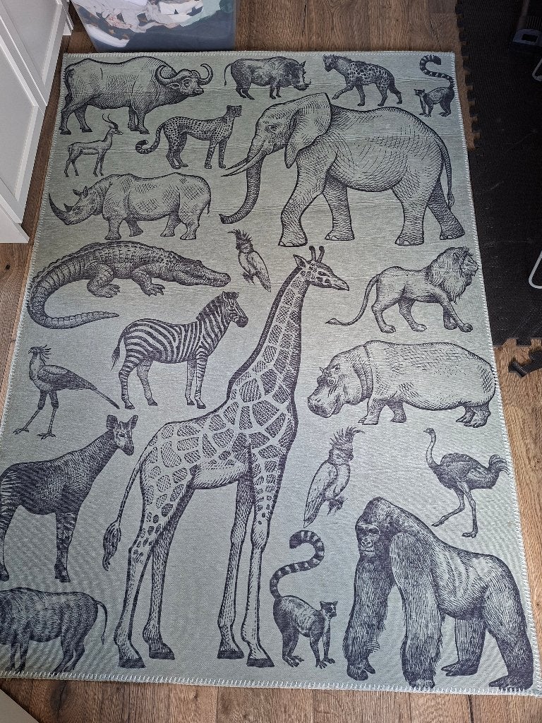 Vloerkleed dieren grijsblauw, Grijs, Ophalen, Zo goed als nieuw, Kleed of Kussen