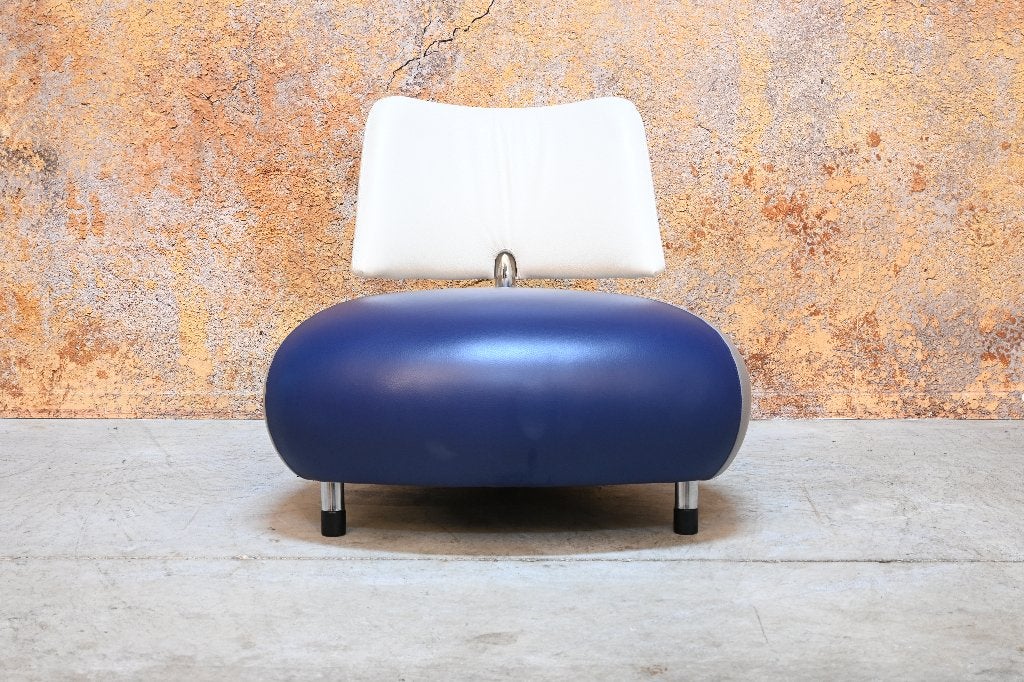 ZGANieuw Leolux Pallone design fauteuil in blauw en wit leer, Huis en Inrichting, Leolux, Leolux, 75 tot 100 cm, Ophalen of Verzenden