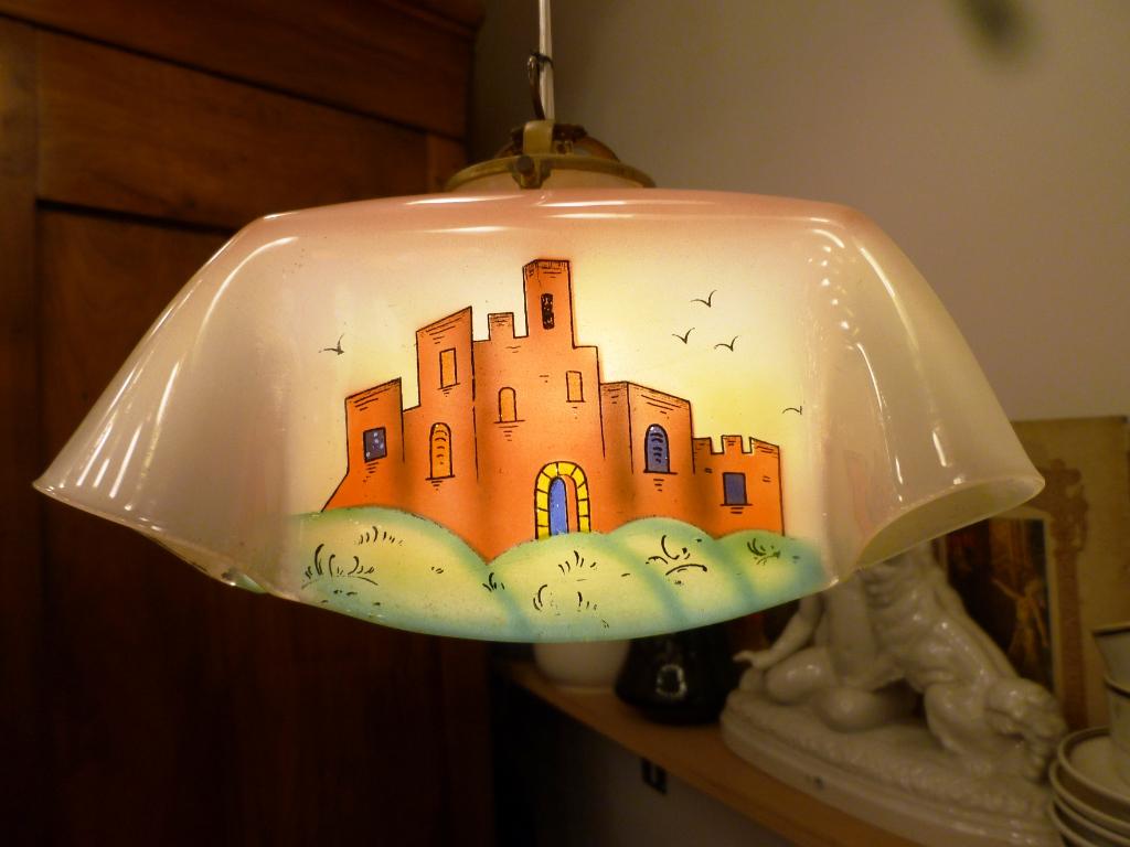 Antiek hanglampje met afbeelding van een kasteel., Ophalen of Verzenden