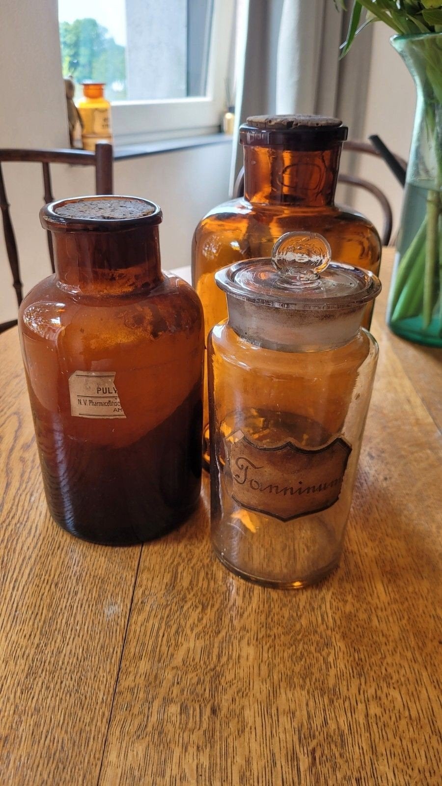 Set van 3 Vintage Apotheek Potten - Bruin & Wit Glas, Antiek en Kunst, Ophalen