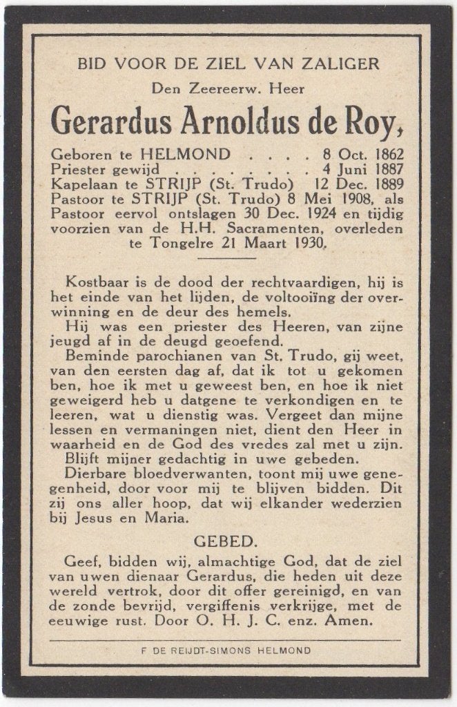 pastoor Gerardus A. de Roy 1862 Helmond + 1930 Tongelre, 67, Verzamelen, Verzenden