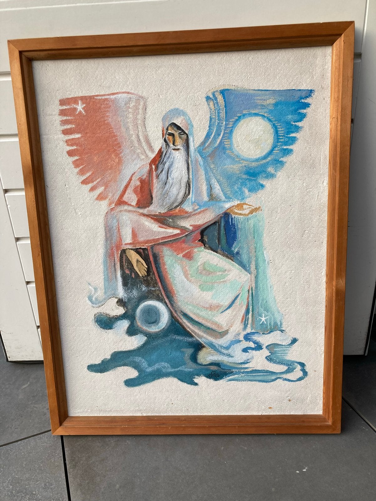 Modern schilderij: Engel met vleugels en maan, Antiek en Kunst, Ophalen, Ingelijst, Textiel, Figuren