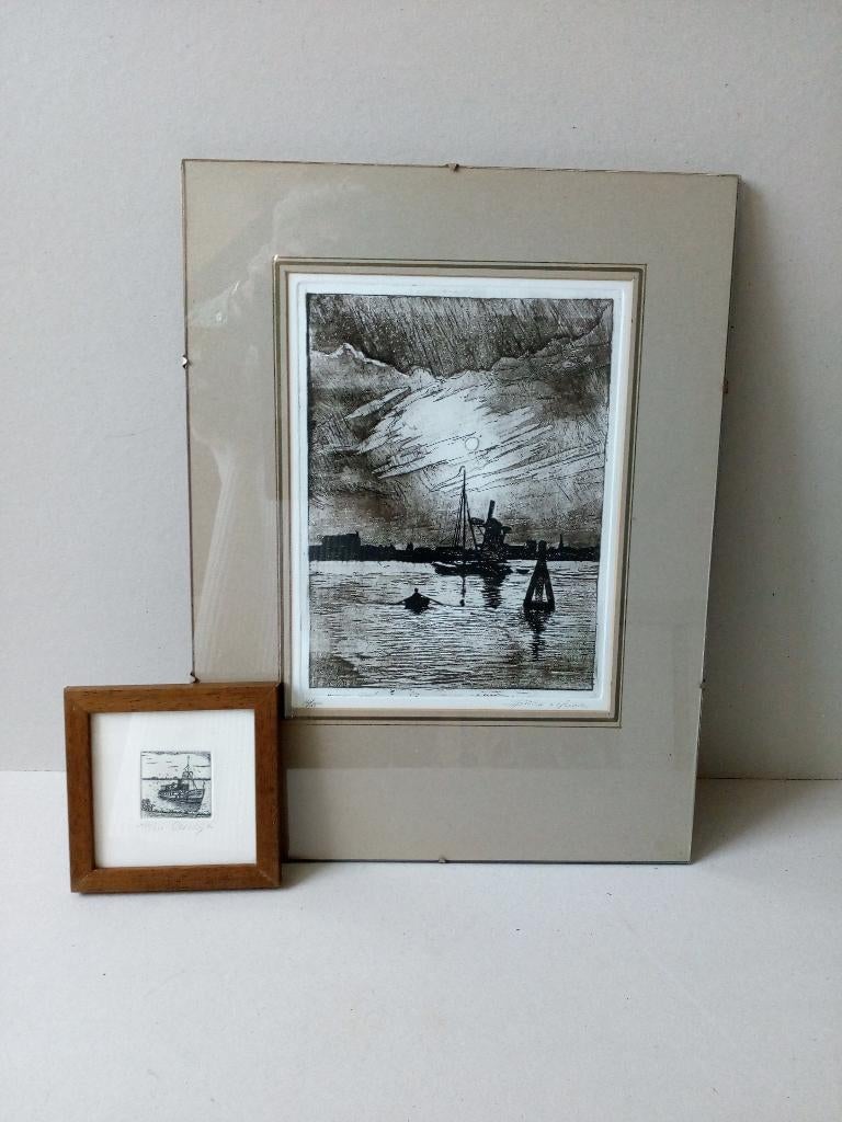 Vintage schilderijen.Zeegezichten.Etsen.Boten.Pr.p/st.vanaf, Schilderij, 24 cm, Meerkleurig, Papier/karton