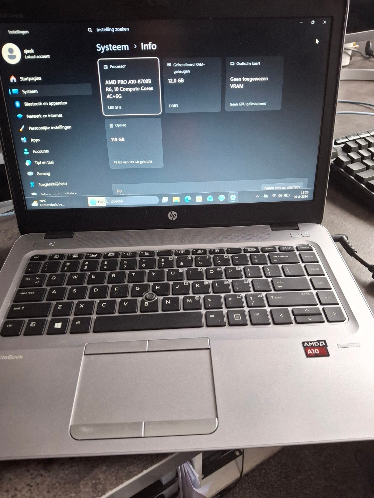 HP Laptop AMD A10-8700B, 12GB RAM, 119GB Opslag, Computers en Software, AMD PRO A10-8700B, Gebruikt, Qwerty, 119 GB