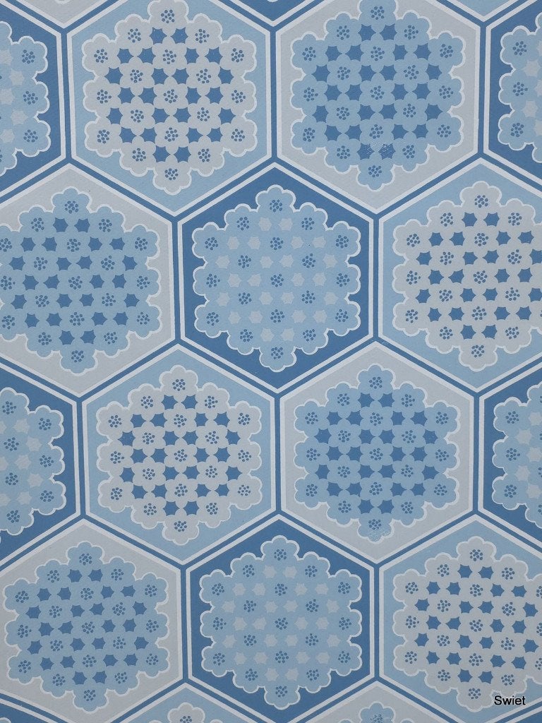 7193 vintage 70s blauw geometrisch wyber dessin swiet, Verzenden, Blauw