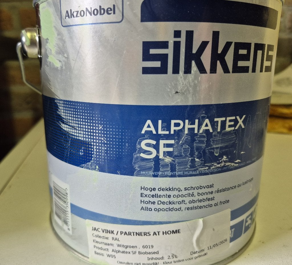 Muurverf Sikkens Alphatex SF 2 liter, Doe-het-zelf en Verbouw, Verf, Beits en Lak, Ophalen, Gebruikt, Overige kleuren, Verf