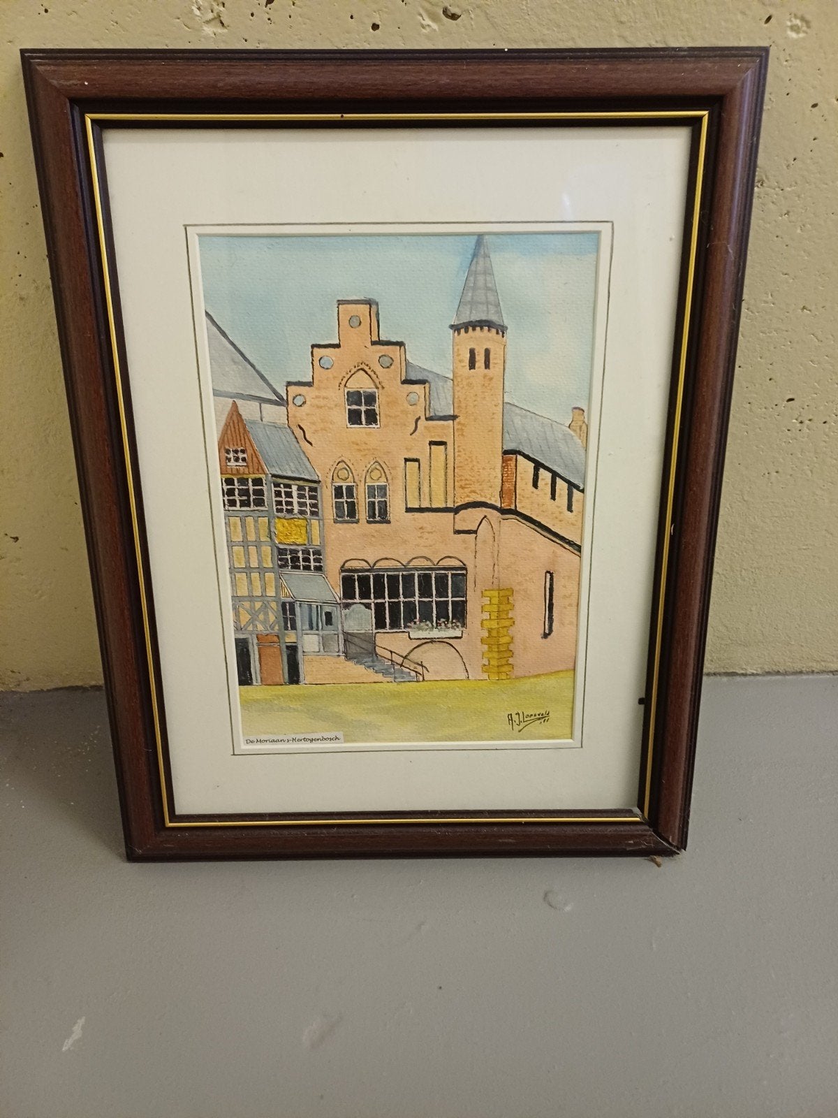 Ingelijste aquarel 'De Moriaan 's-Hertogenbosch', Bruin, Gebruikt, Met afbeelding, Hout