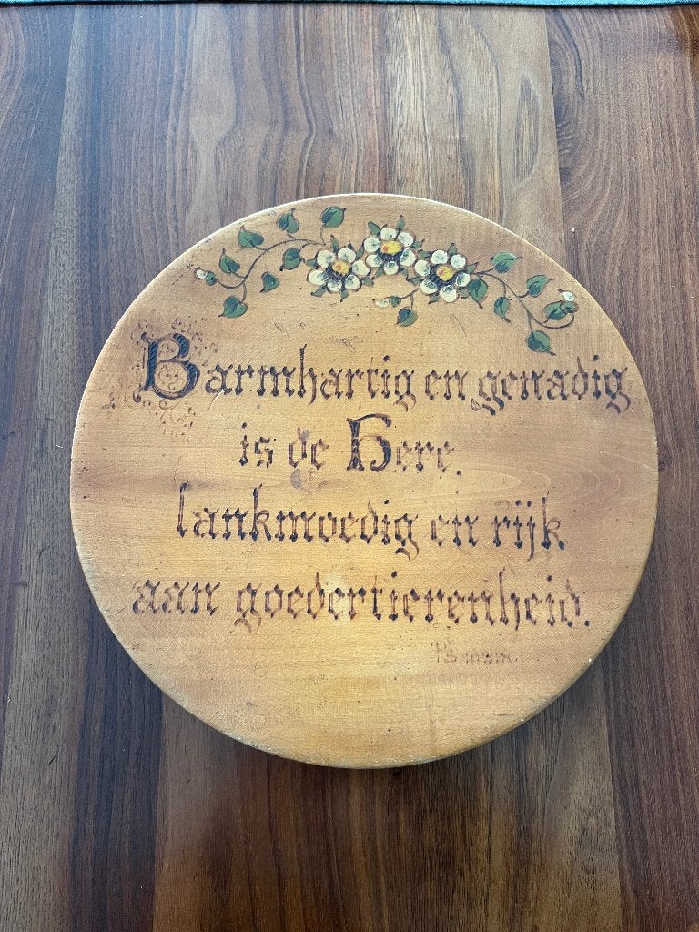 Vintage houten wandbord Psalm 103:8, met bloemen, Ophalen of Verzenden